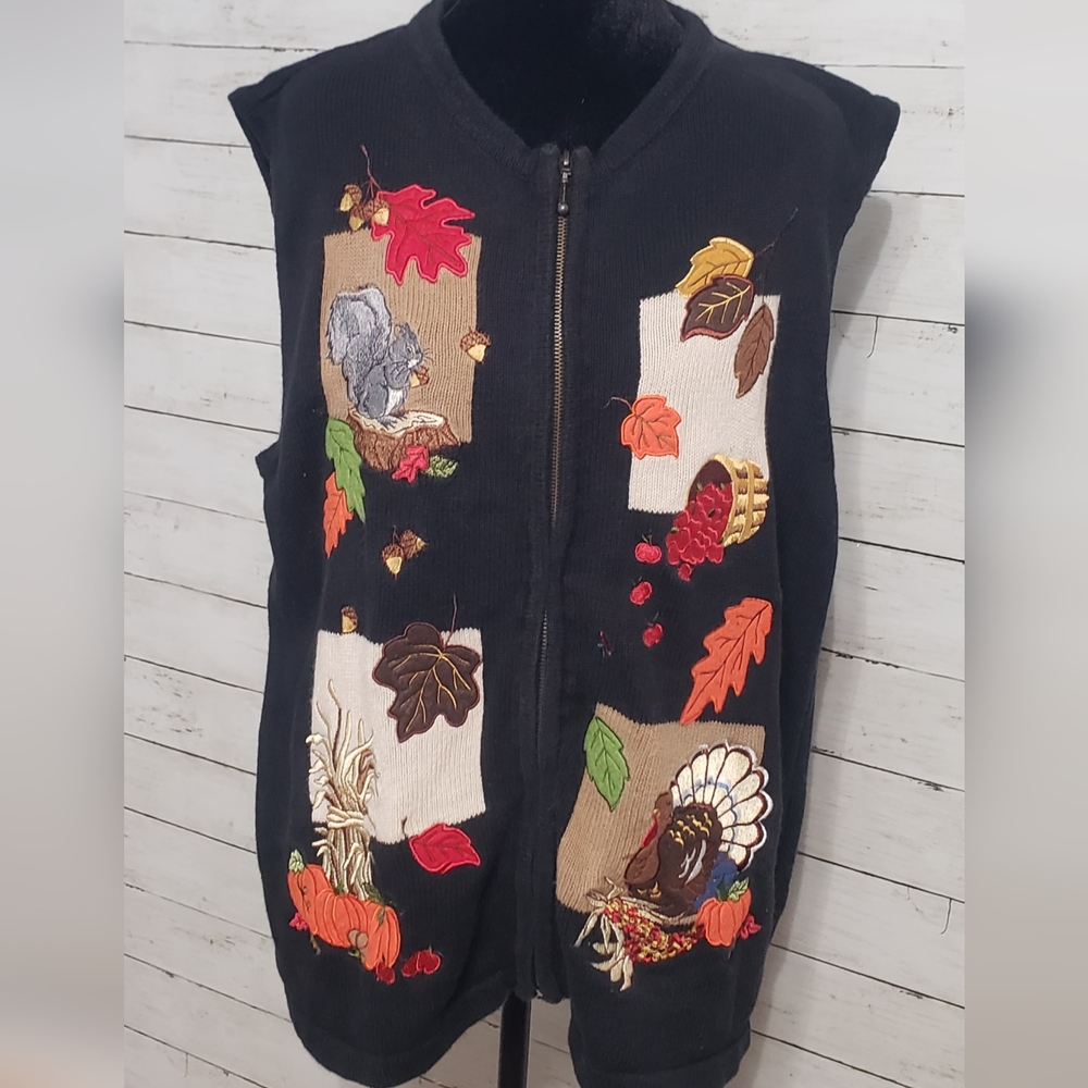 Thanksgiving Vest with Colorful Embroidery Large Turkey Leaves Squirrel